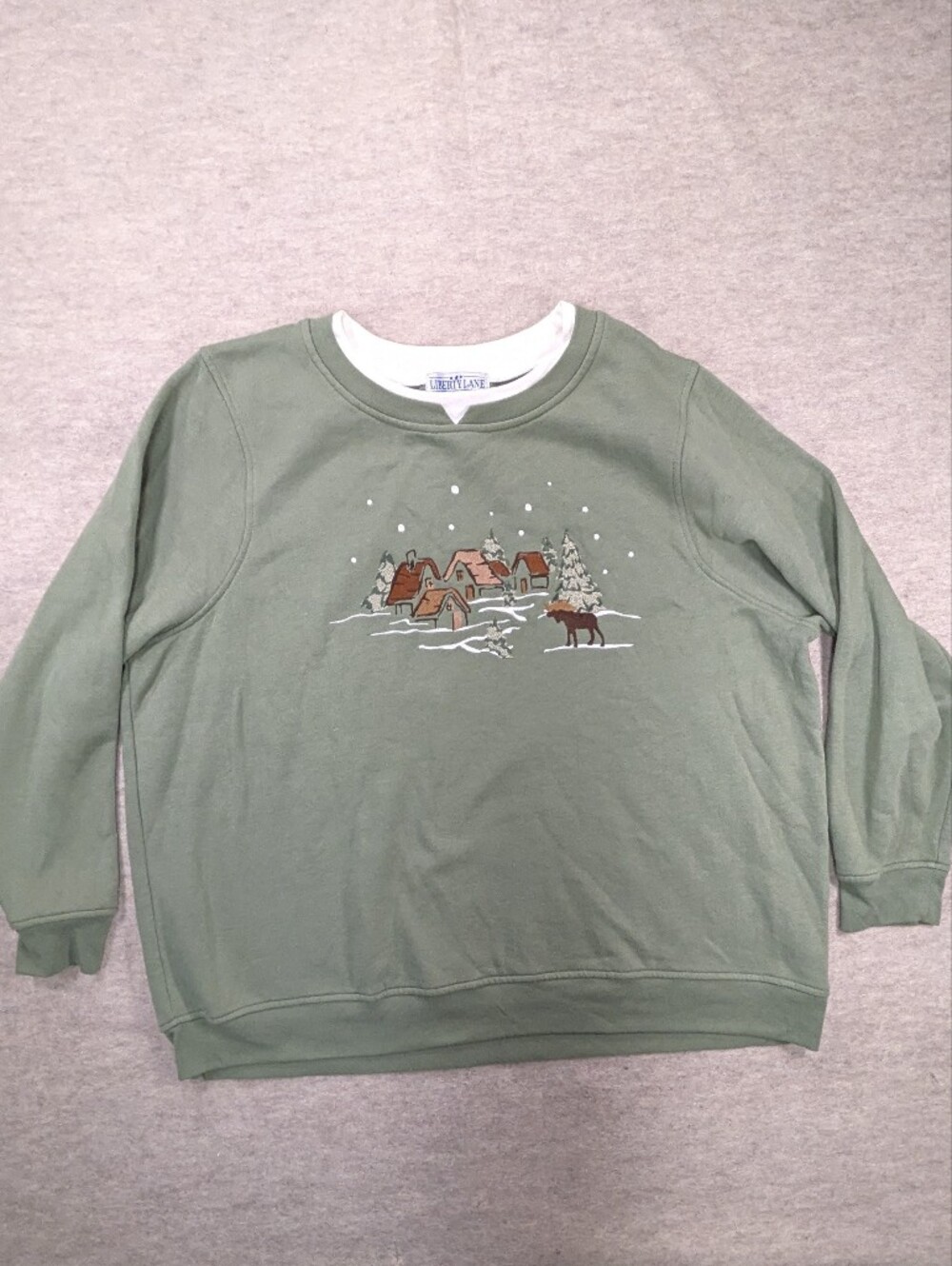 Vintage Moose Winter Village Embroidered Sage Green Double Neck Liberty Lane 1X
